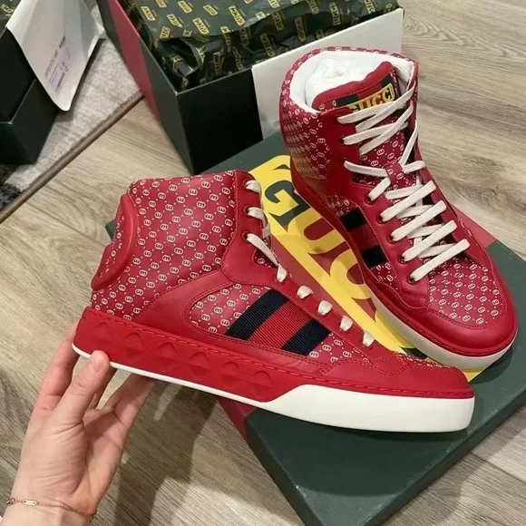 Authentic Gucci x Dapper Dan Mens Red High Top Sneaker Shoes Size 8 NIB - Picture 2 of 8